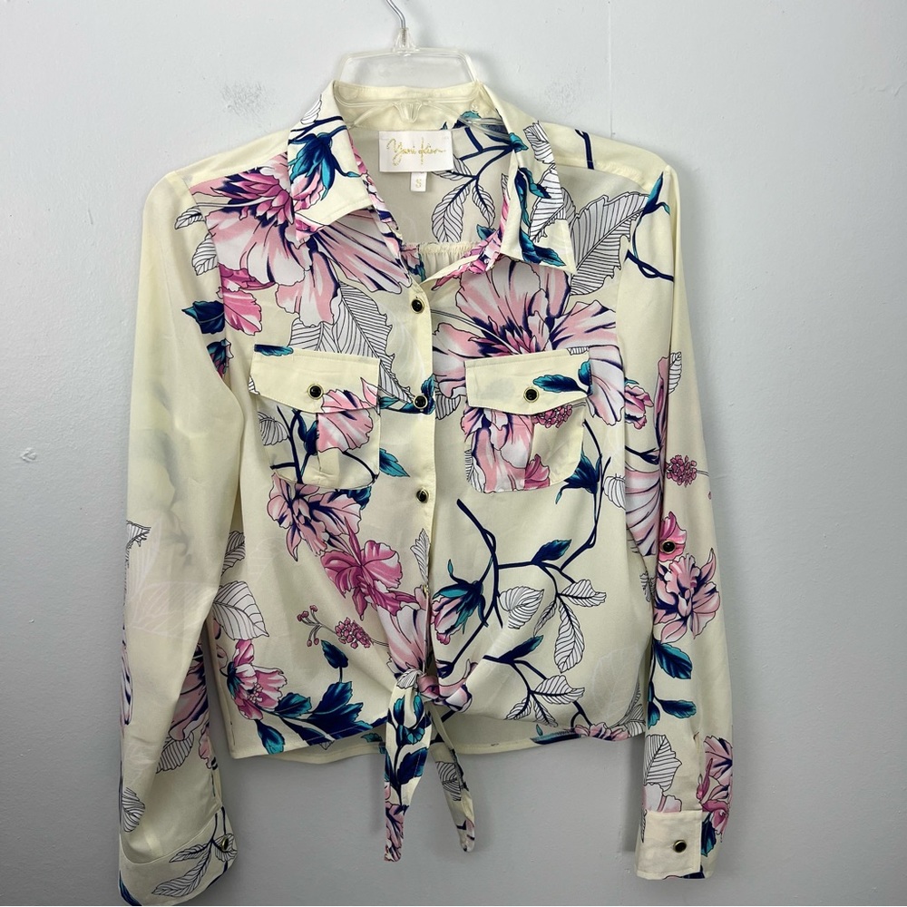 Yumi Kim Mya Floral Front Tie Button Cream Blouse